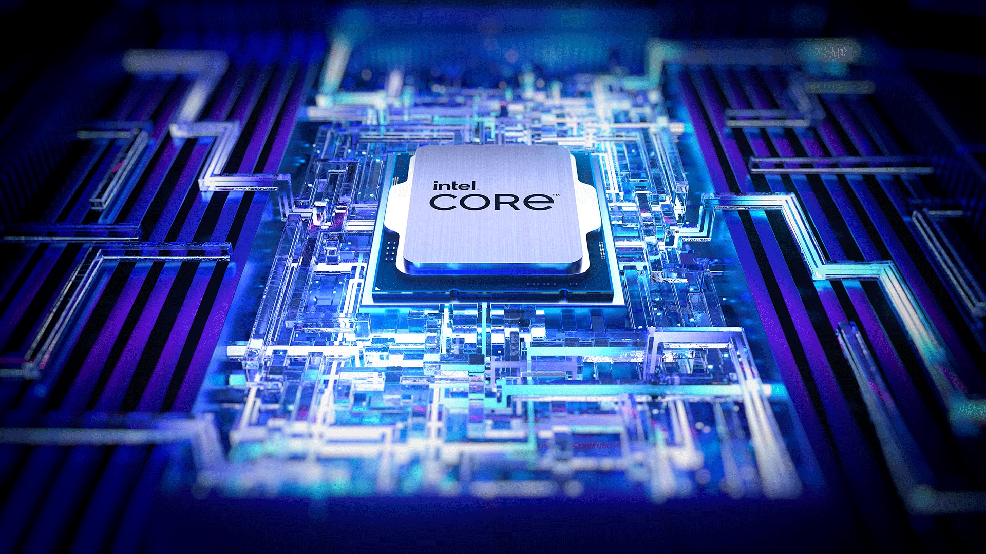 A close-up of an Intel Core processor surrounded by a glowing, futuristic circuit board with blue and purple lighting, symbolizing advanced technology and computing power.