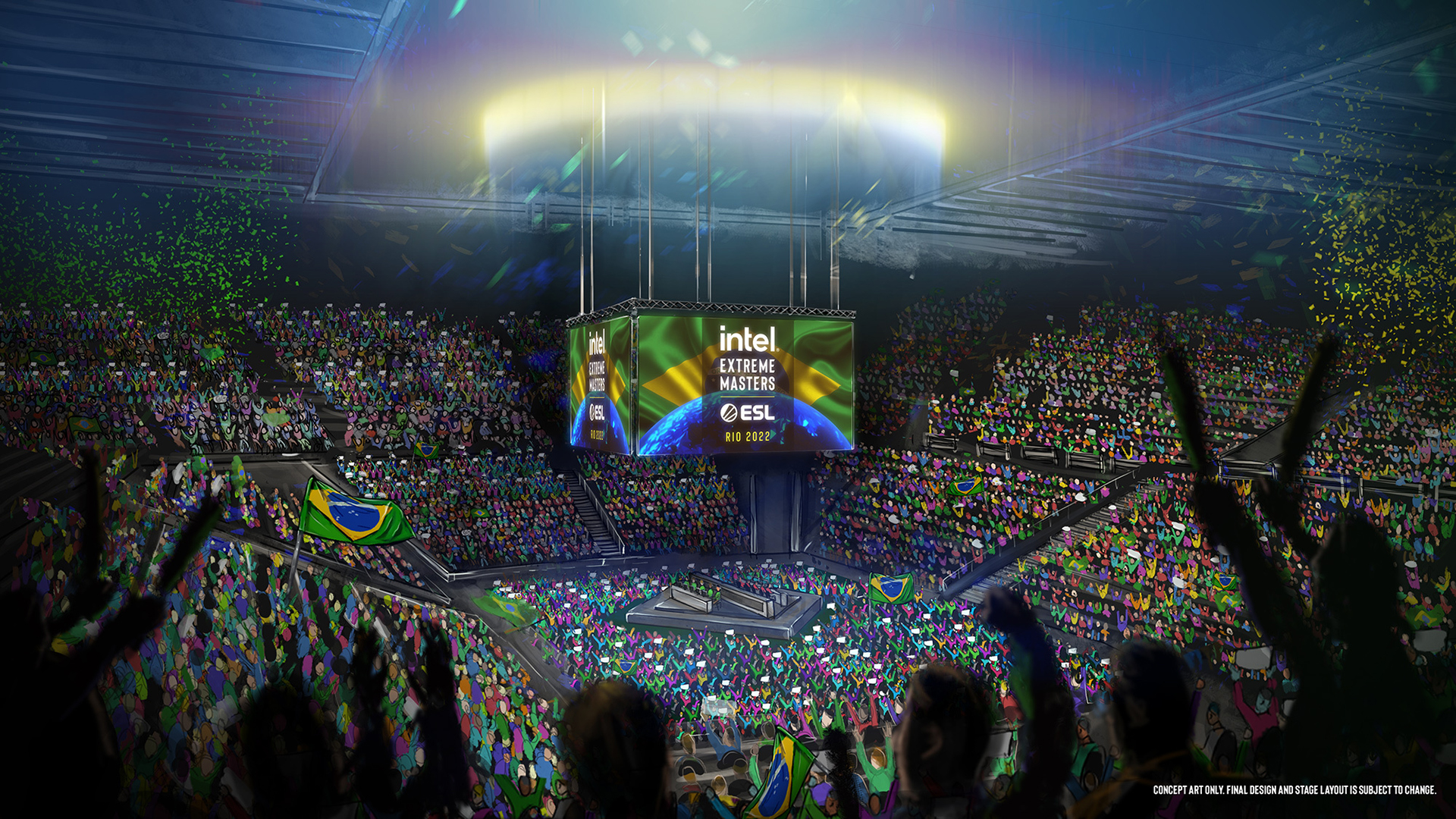 An animated, vibrant esports stadium filled with cheering crowds. A large screen displays Intel Extreme Masters and the ESL logo. Brazilian flags wave among fans, and colorful lights illuminate the dark arena.