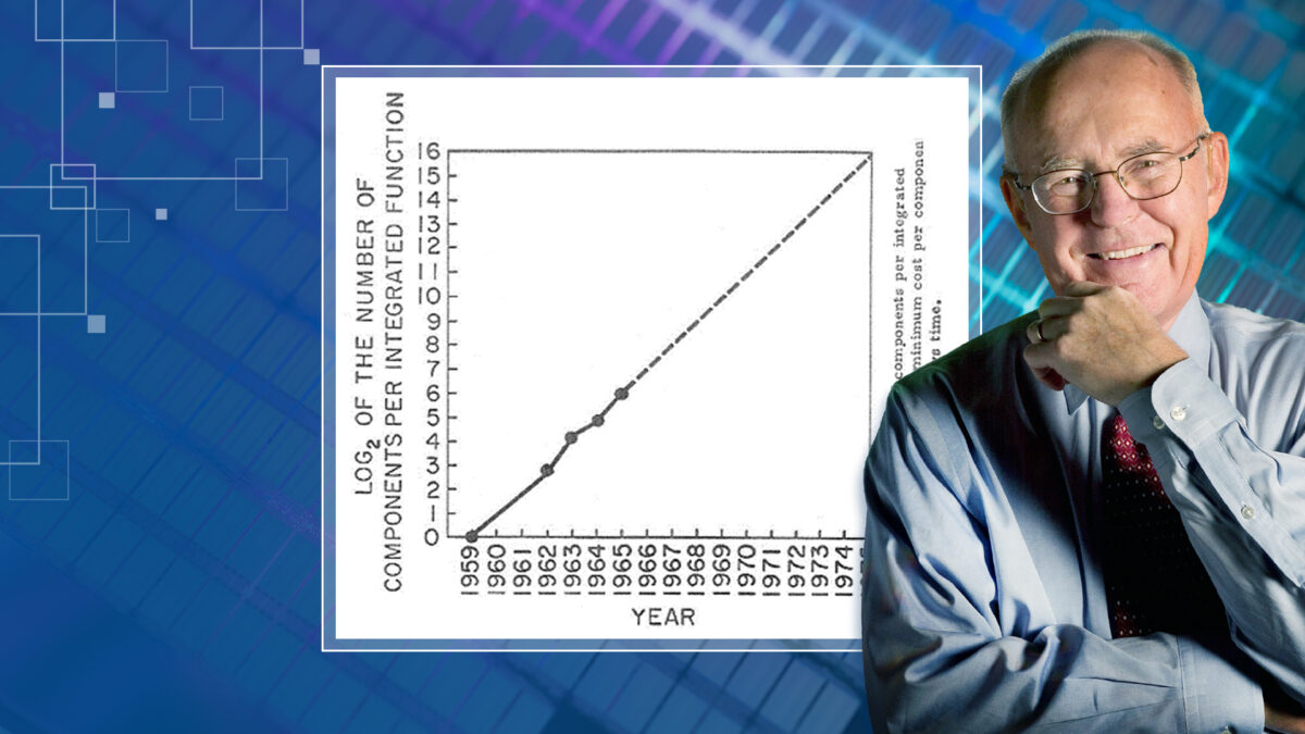 A bespectacled person smiling with arms crossed stands next to a graph illustrating Moores Law. The graph shows an upward trend of components per integrated circuit from 1959 to 1975. The background features a digital circuit pattern.