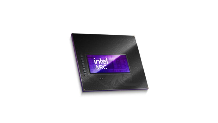 Image of an Intel ARC graphics chip, featuring a sleek black and purple design. The chip has a reflective surface with circuit-like patterns and the Intel ARC logo prominently displayed in white text on a purple background.