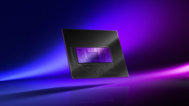 A microchip is displayed against a gradient background of blue and purple hues. The chip features a reflective surface and minute circuitry visible, showcasing its intricate design. The lighting creates a futuristic and high-tech atmosphere.