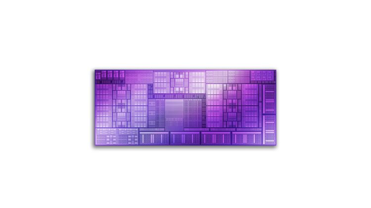 Image of a computer chip with a complex grid pattern in shades of purple, displaying various rectangular and square components in different sizes.