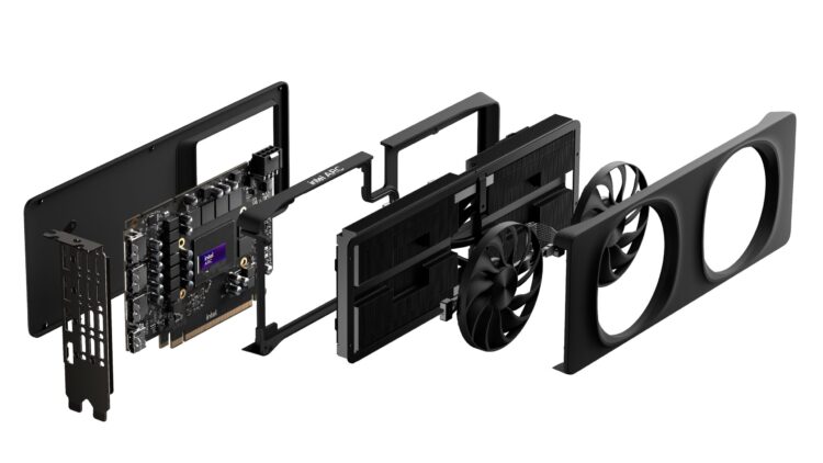 Exploded view of a graphics card, showing components including the circuit board, cooling fans, heatsink, and outer casing, all aligned in order. The fans and casing are black, with visible electronic components on the circuit board.