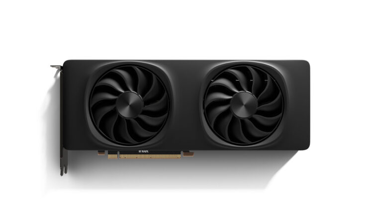 An illustration of a black computer graphics card with two large cooling fans, designed for placement inside a computer. The card has a metal connector interface visible on the bottom left.