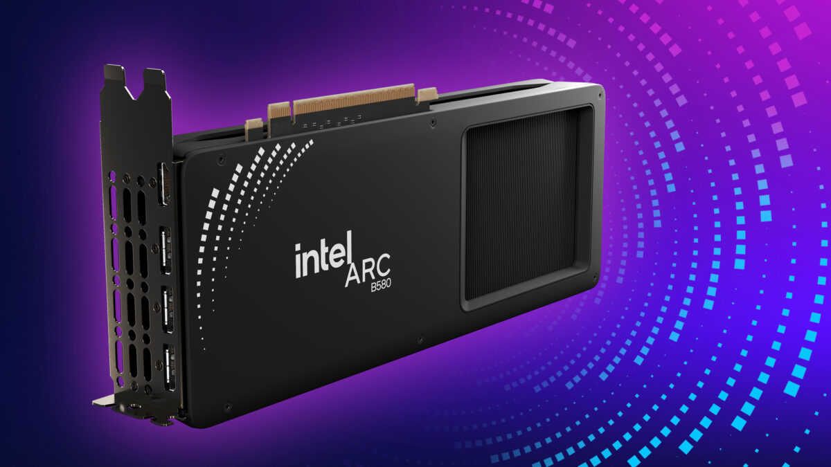 Image of an Intel Arc 5800 graphics card against a digital background with a series of circular gradient patterns in purple, blue, and pink hues. The card features multiple display ports and a sleek, modern design.