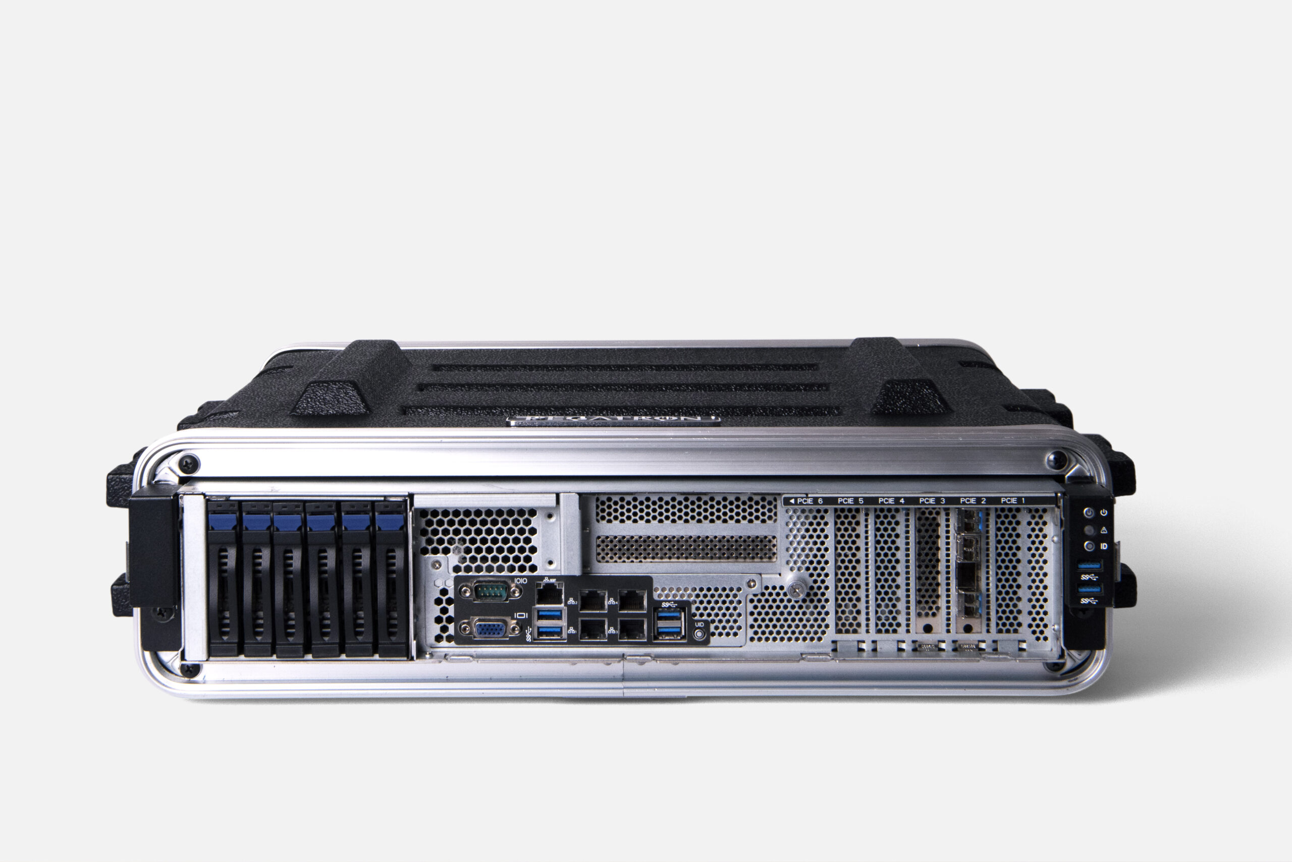 A metal server rack with various ports and slots is placed against a plain background. It features multiple cooling vents and a sturdy design for housing electronic components.