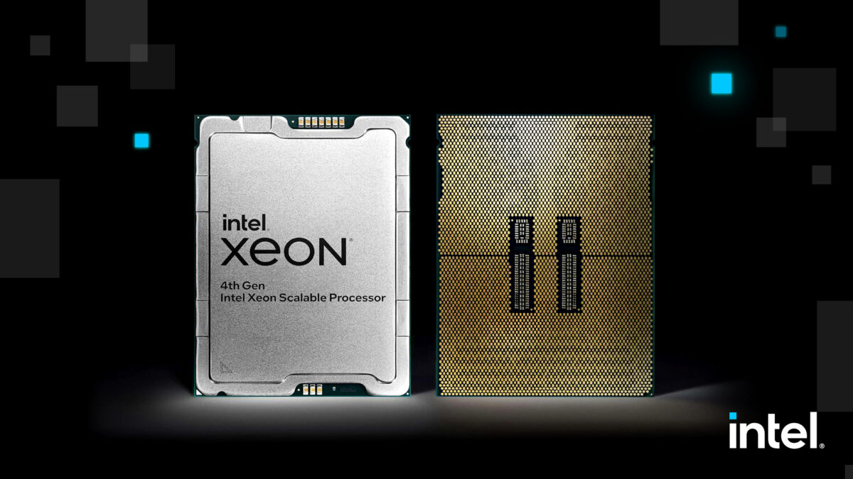 Imagen de dos procesadores escalables Intel Xeon de cuarta generación, uno con la marca en la parte superior y el otro con la intrincada cuadrícula de pines de color dorado en la parte inferior. El logotipo de Intel se encuentra en la esquina inferior derecha con un fondo negro.