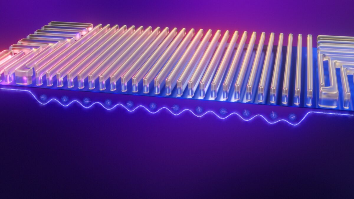 Futuristic computer chip with glowing circuits and neon accents, set against a purple backdrop. The surface features parallel lines and illuminated wavy patterns beneath them, creating a dynamic sense of technology and innovation.