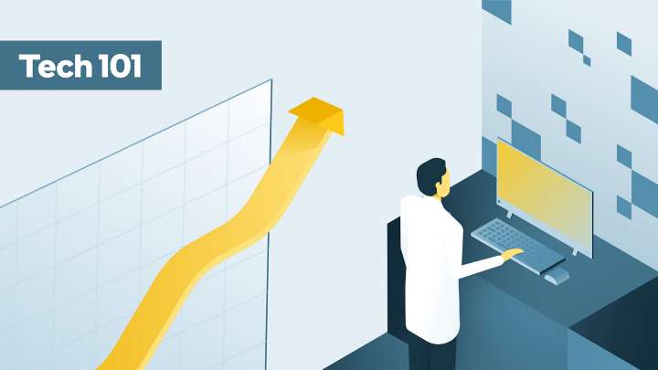 Illustration of a person in a lab coat analyzing data on a computer, with a yellow upward arrow on a graph. A Tech 101 label appears in the corner, symbolizing technological growth and progress.