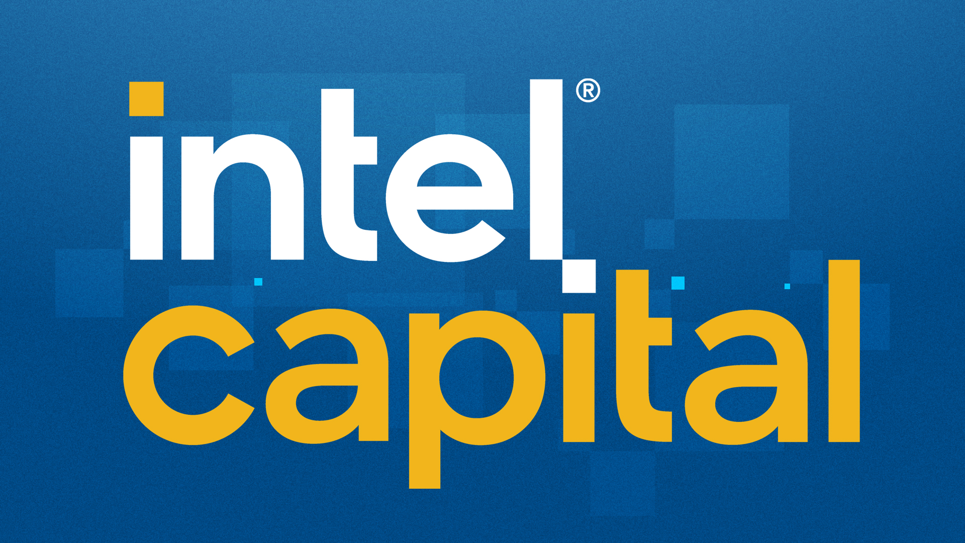 The image shows the Intel Capital logo on a blue background with pixelated squares. The word intel is in white lowercase letters, and capital is in yellow lowercase letters.