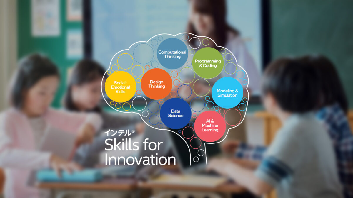 A blurred classroom with children studying. A diagram in the shape of a brain overlays the image, highlighting skills such as Computational Thinking, Design Thinking, Data Science, and AI & Machine Learning. Text reads Skills for Innovation.