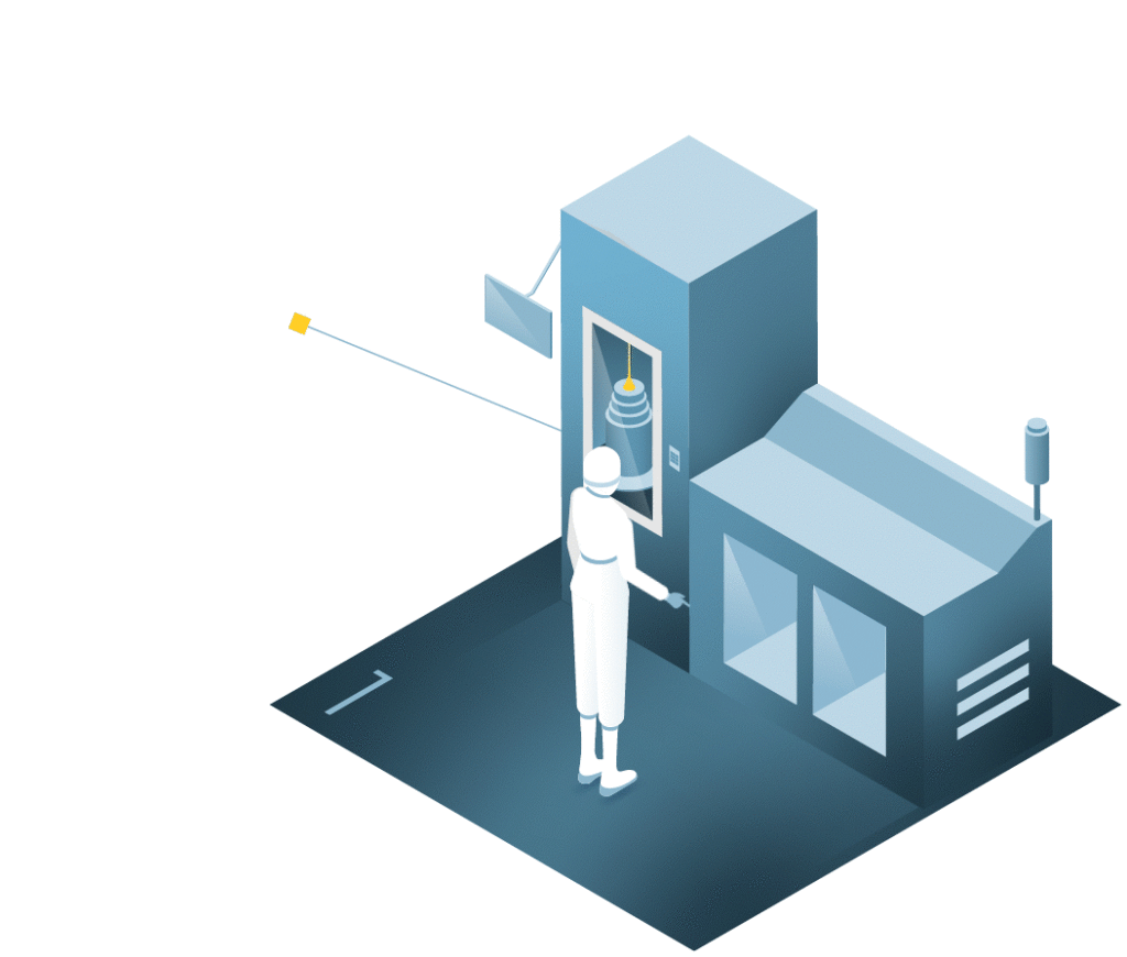 An illustration of a person in protective clothing operating a 3D printer. The printer is large and industrial, with a visible object being printed inside. The setting appears high-tech or laboratory-like, with clean and organized surroundings.