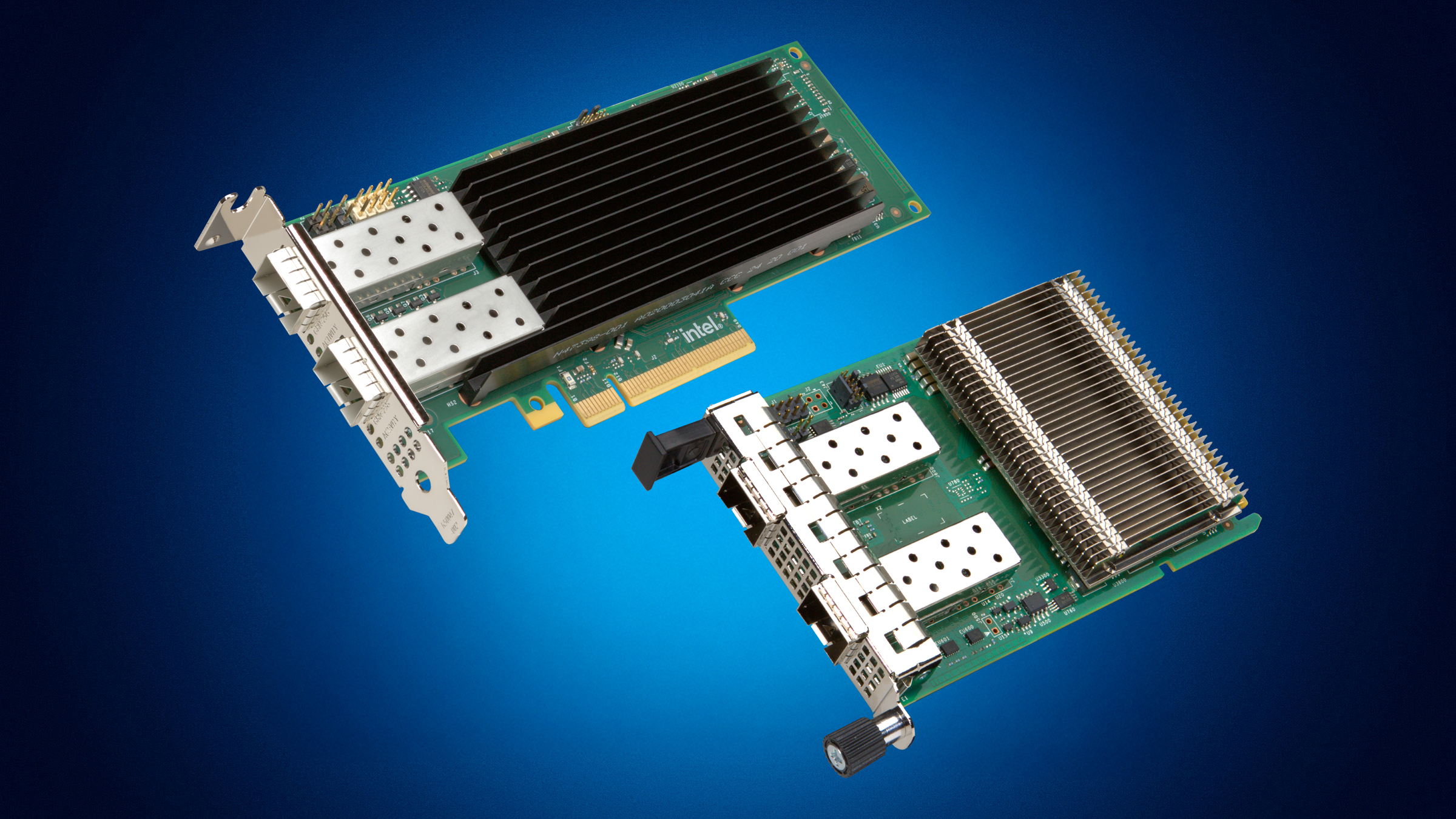 Two computer circuit boards with metal components and heat sinks are displayed on a blue gradient background. One board features a large finned heatsink, while both have multiple electronic connectors.