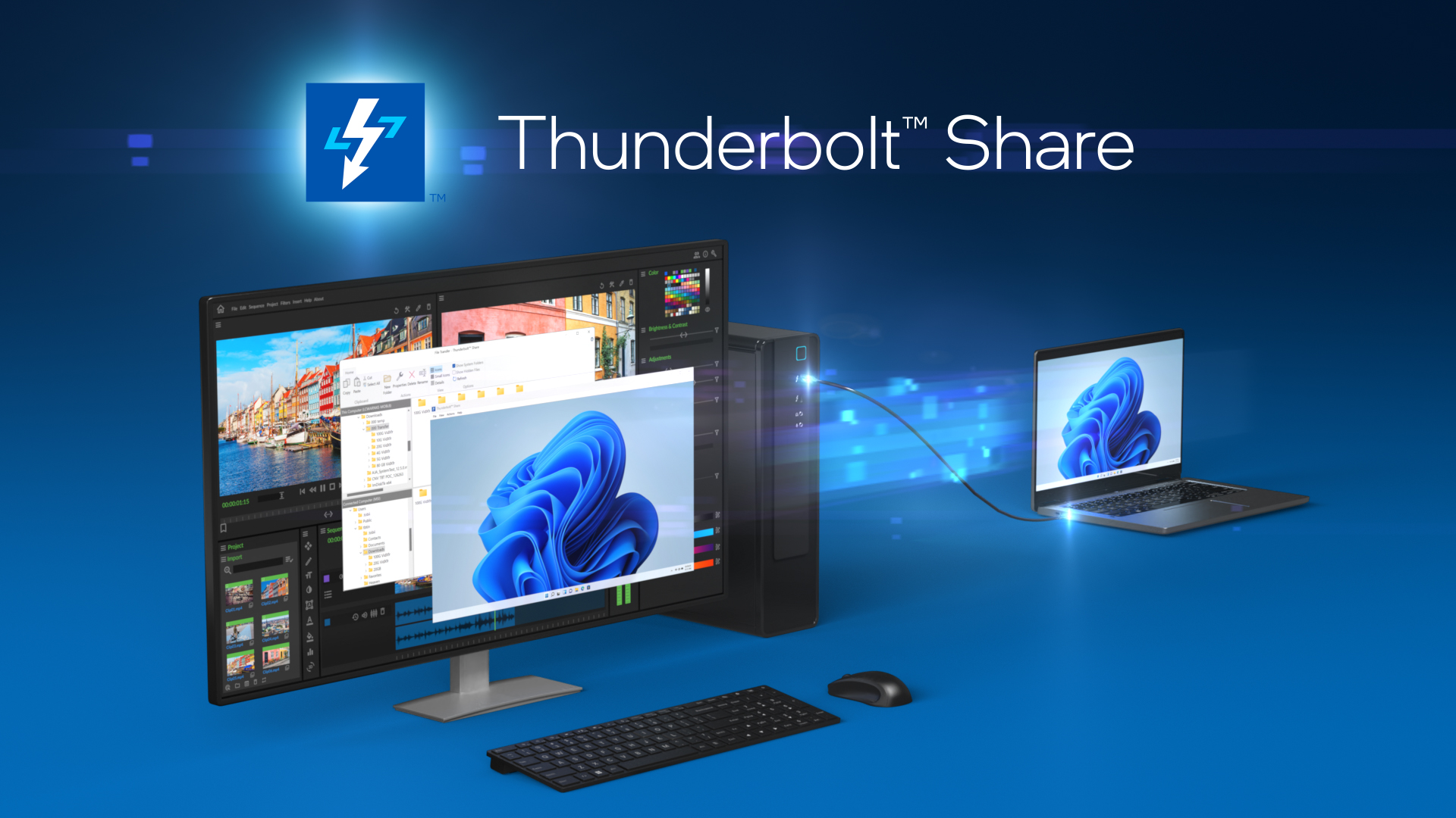 Computer setup illustrating Thunderbolt Share. A desktop monitor displays a vibrant scene and a file browser, connected to a tower and a laptop with a cable. The background features a digital blue theme with the Thunderbolt logo.