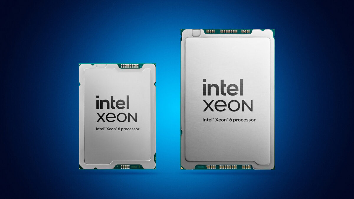 Two Intel Xeon processors against a blue gradient background. The left processor is labeled Intel Xeon and the right processor is labeled Intel Xeon 6 processor, both featuring metallic casings.