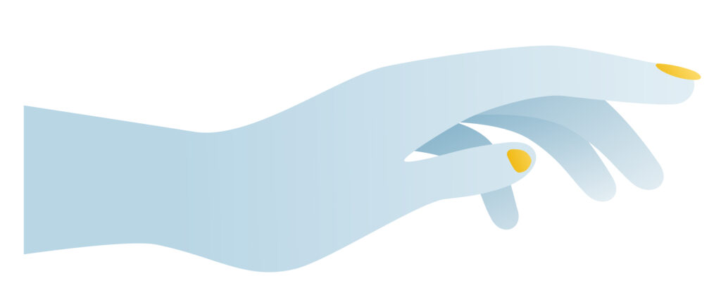Illustration of a stylized blue hand with yellow fingernails, gracefully positioned against a white background. The hand is depicted in a flowing, minimalist style.