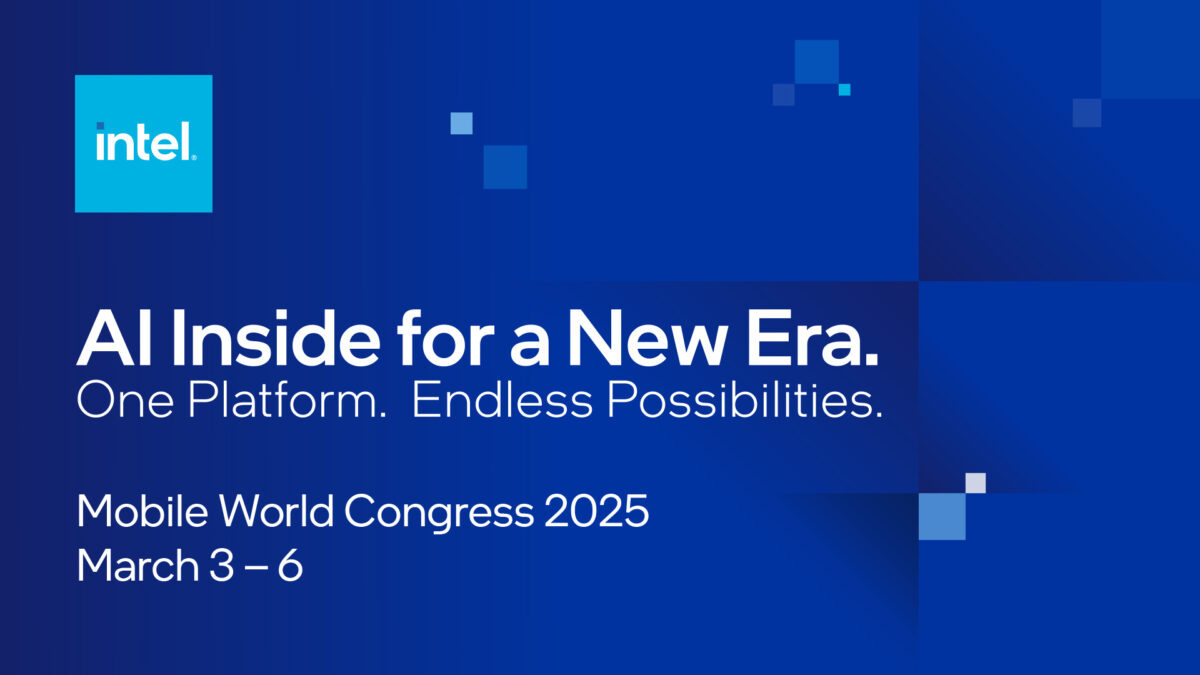 Blue graphic with the Intel logo and the text: AI Inside for a New Era. One Platform. Endless Possibilities. Mobile World Congress 2025, March 3 – 6. Various small squares are scattered in the background.