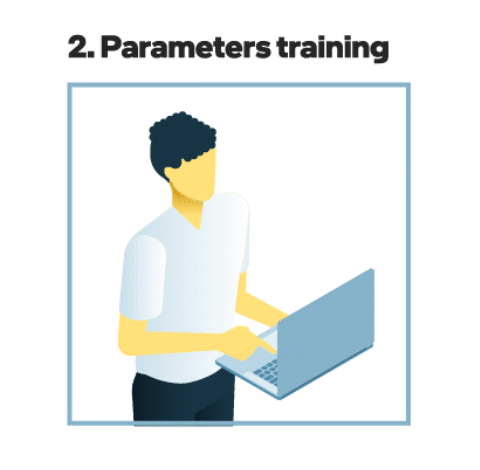 Illustration of a person with short hair using a laptop, positioned inside a square frame. Above the frame, the text reads 2. Parameters training. The person is wearing a white shirt and dark pants.