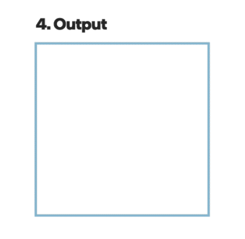 A series of overlapping square shapes appear sequentially within a blue-bordered square labeled 4. Output. The squares inside change in color from white to various shades of blue and turquoise.