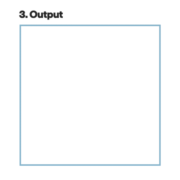 Illustration showing a plain white square with a blue border under the heading 3. Output in bold black text. The square appears empty and is positioned centrally under the heading.