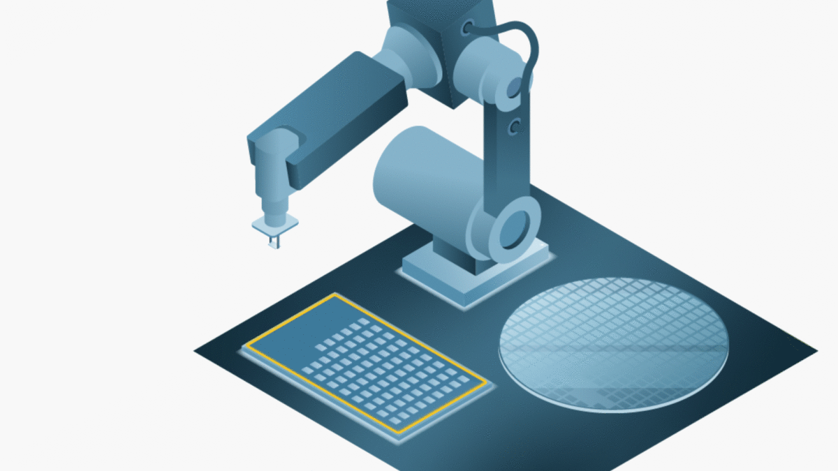 Illustration of a robotic arm placing a small component on a microchip. The setup includes a board with multiple small squares adjacent to a circular wafer. The design is simplistic with shades of blue and gray.