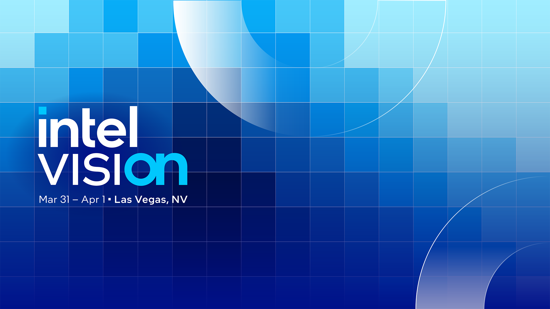 Promotional image for Intel Vision with blue gradient squares and curved lines. Event dates: Mar 31 – Apr 1 in Las Vegas, NV.