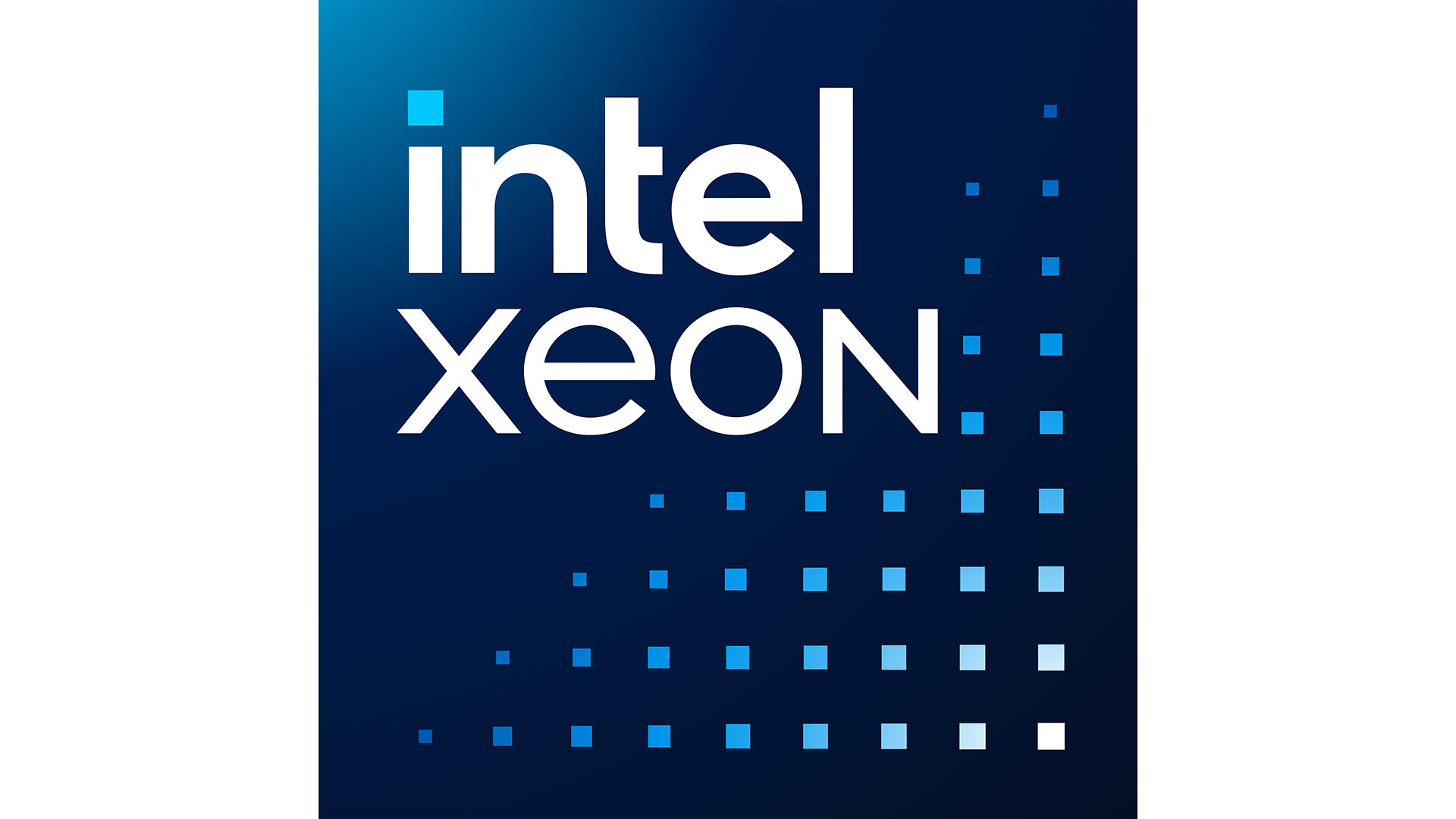 Logo with the text intel xeon on a dark blue background. The x is represented by a white square and light blue design of overlapping squares extends towards the bottom right, transitioning from white to light blue to dark blue.