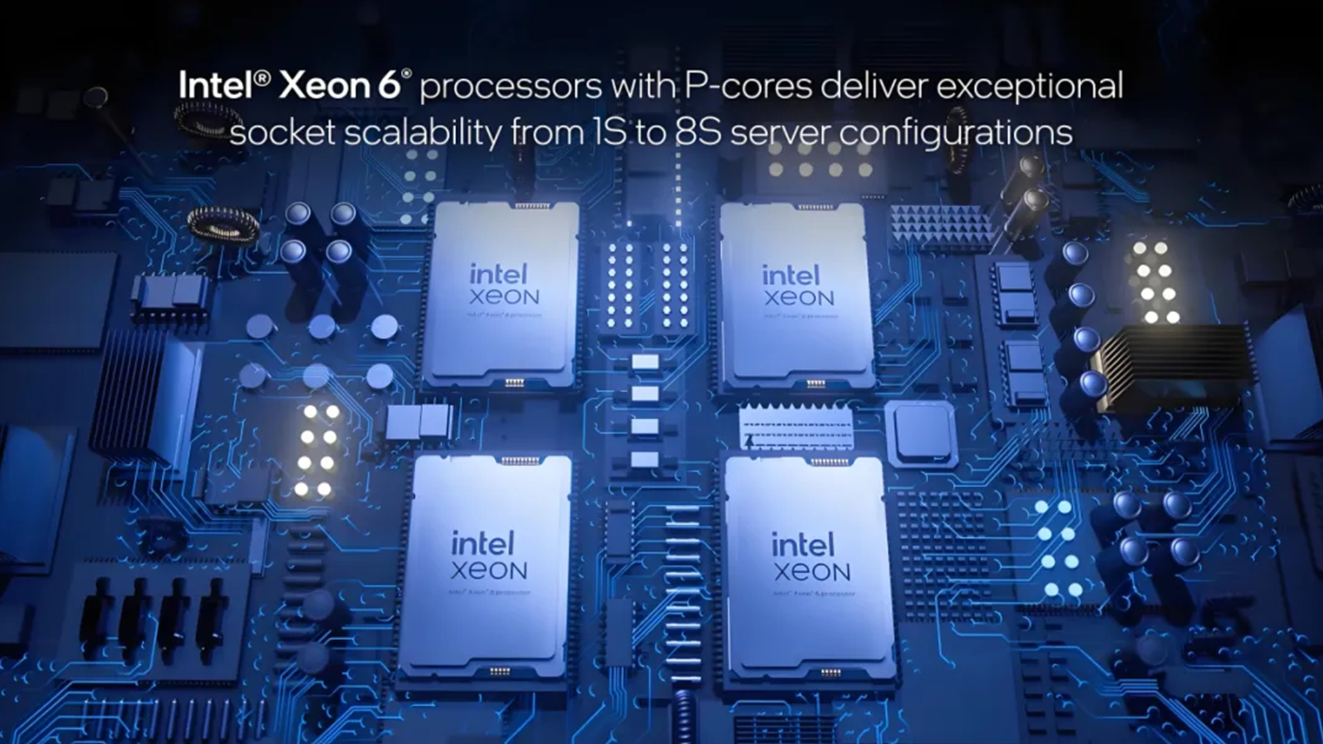 A close-up of a computer motherboard with multiple Intel Xeon processors. The text highlights the socket scalability of Intel Xeon 6 processors from 1S to 8S server configurations.