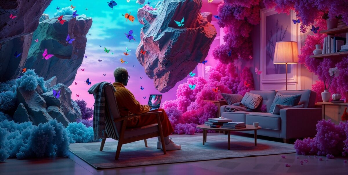 AI content - A person sitting in a chair in front of a floating rock