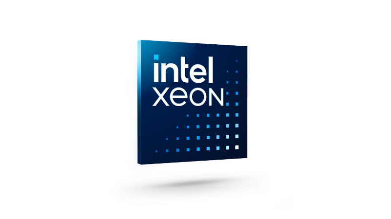 Logo of Intel Xeon with the words intel and XEON in white text on a dark blue gradient background. Blue and white squares form a pattern on the right side, creating a technology-themed design.
