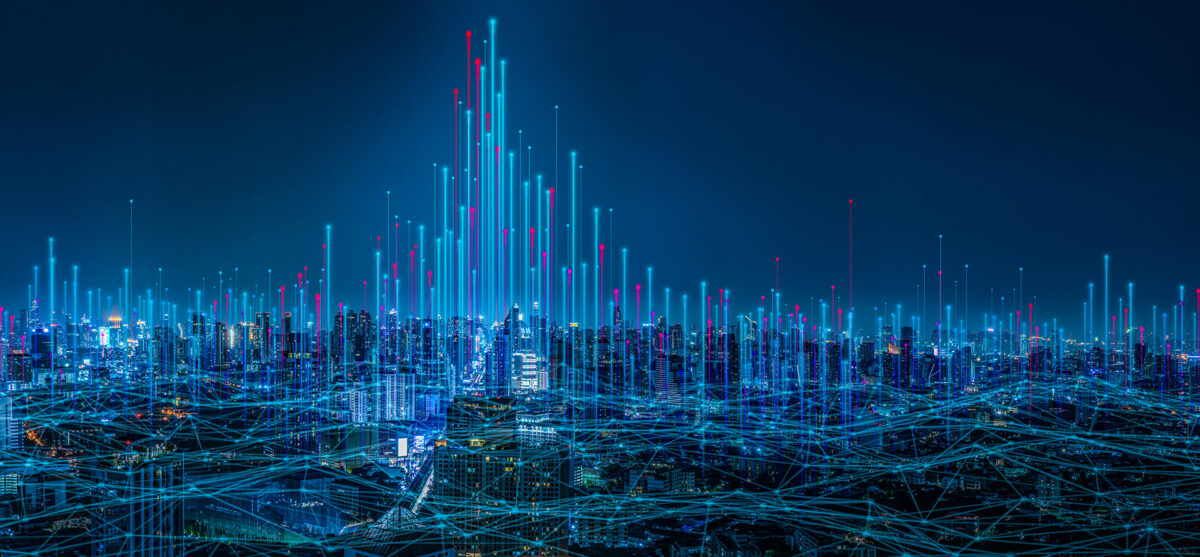 Modern city with wireless network connection and cityscape